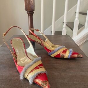 Casadei Vintage Y2K Fur Trim Brocade Slingback Heels 7